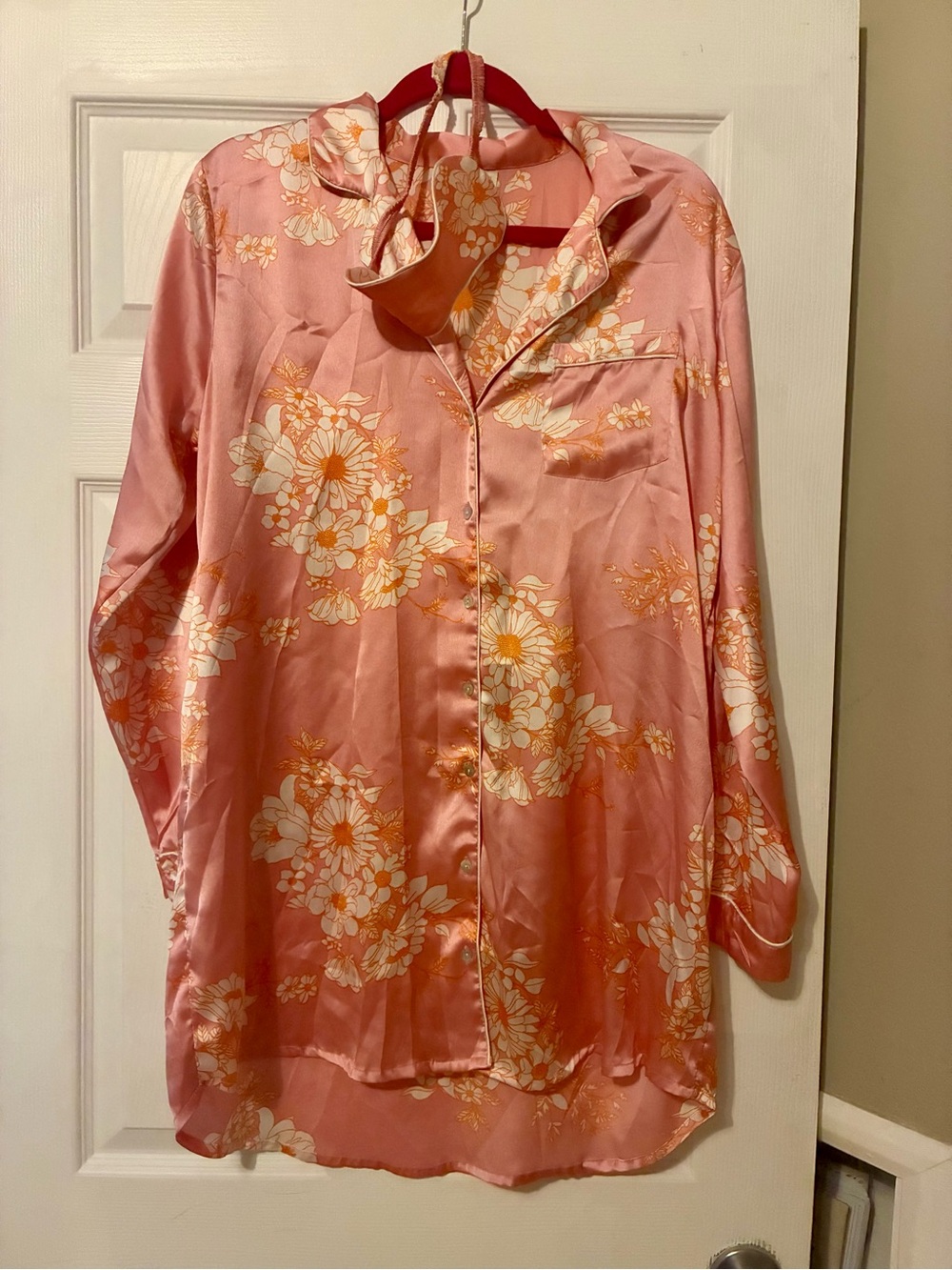 Cynthia Rowley Silky Pink Floral Button-Up Women's Top Size L with Sleep Mask